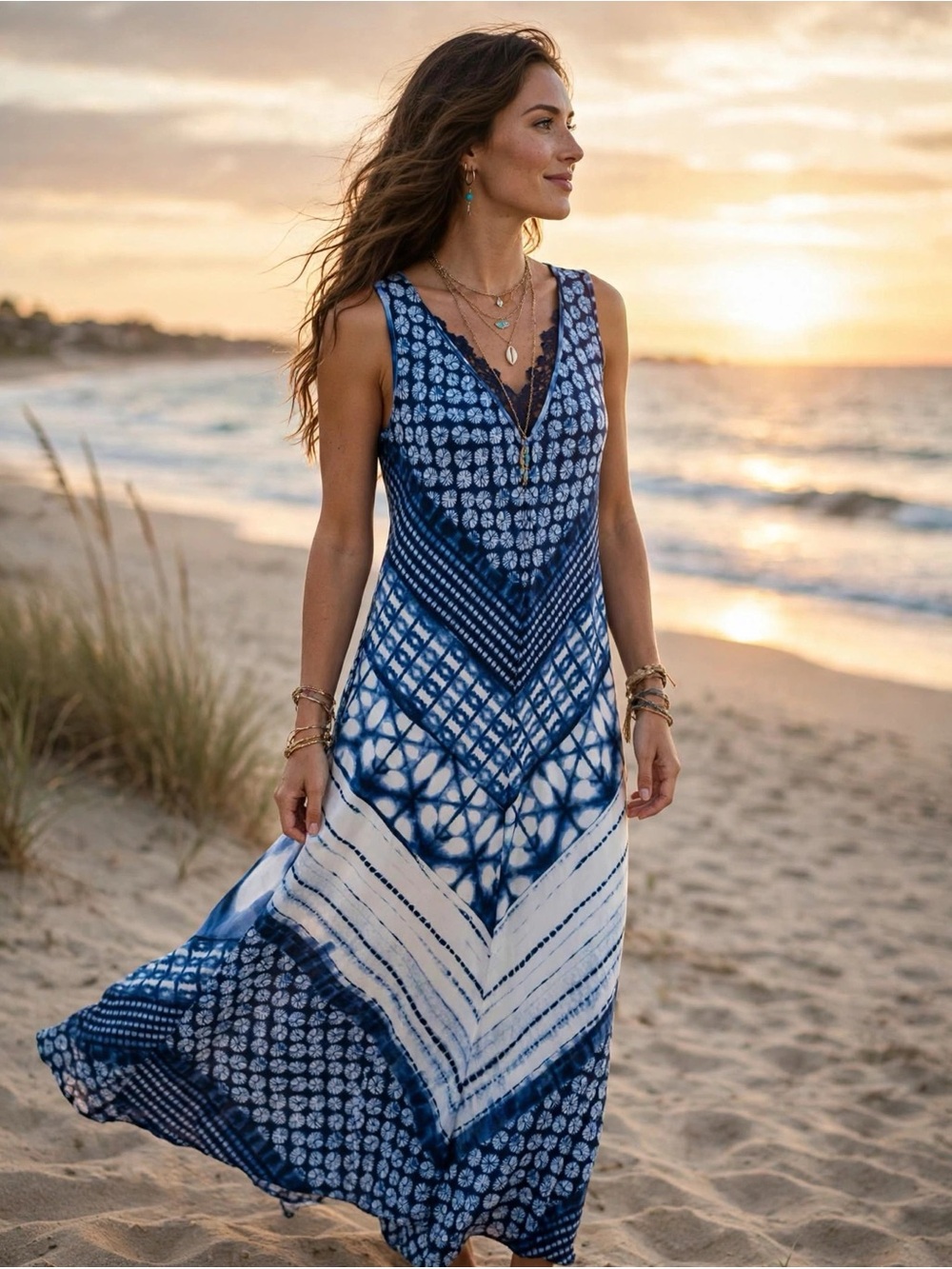 Women’s Blue Tie-Dye V-Neck Maxi Swim Coverup Dress